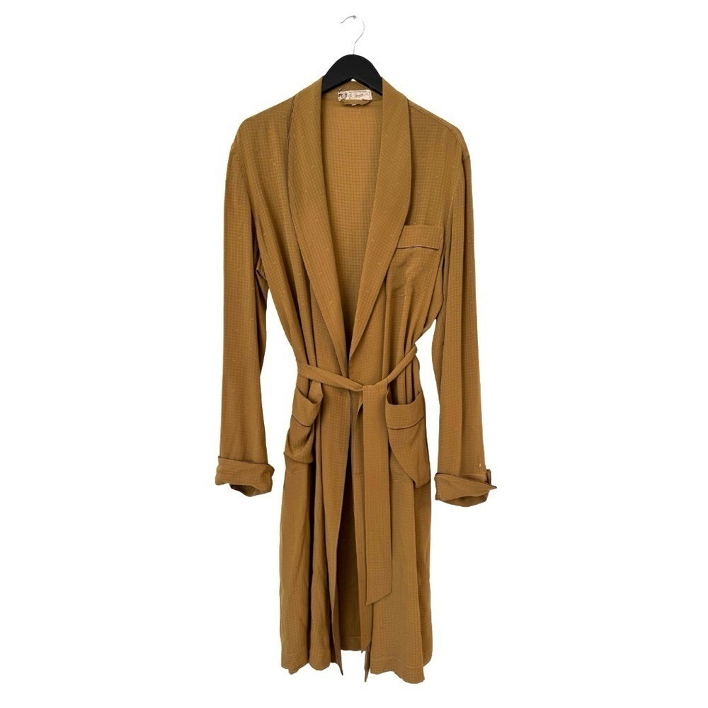 Gucci 1970s Vintage‎ Men's 52 Silk Robe Long Line Tonal Micro Logo Amber Tan